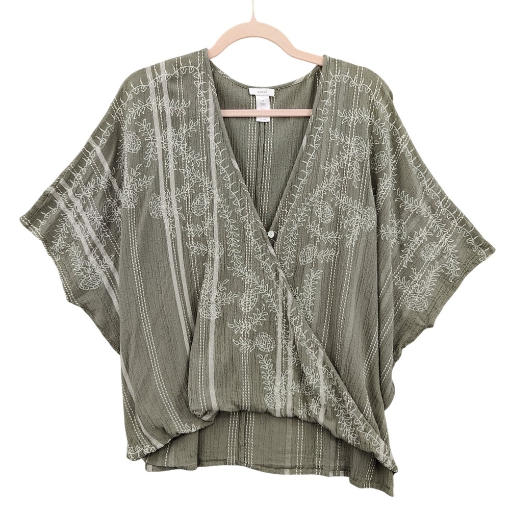 Pure J Jill Womens Boho Coastal Embroidered Wrap Blouse S-L Olive Green Striped